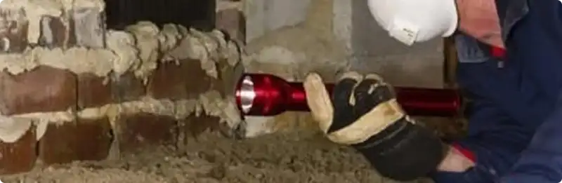 Pest control technician inspecting a crawl space for ant activity in Stilwell, KS