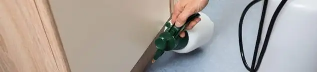 Bed bug exterminator treating baseboards and cracks with targeted spray in Overland Park, KS